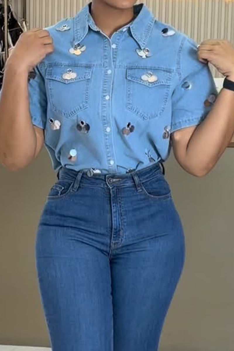 Women's Button-Up Denim Shirt with 3D Mirror Patch Details