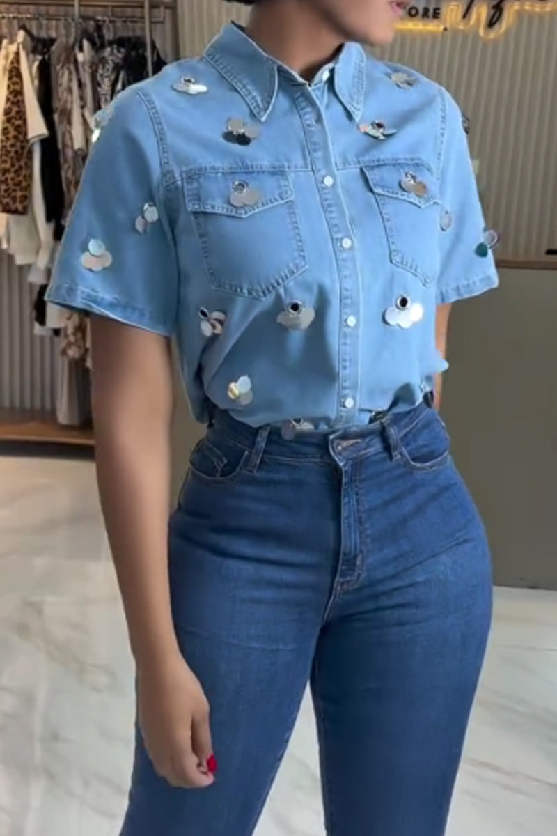 Women's Button-Up Denim Shirt with 3D Mirror Patch Details