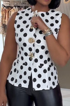 Women's Polka Dot Blazer Vest with Decorative Gold Buttons & Pockets