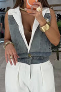 Women's Denim Vest Or White Wide-Leg Pants with Contrast Lape