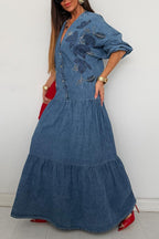 Women's V-Neck Denim Shirt Dress with Button Front & Ruffled Skirt
