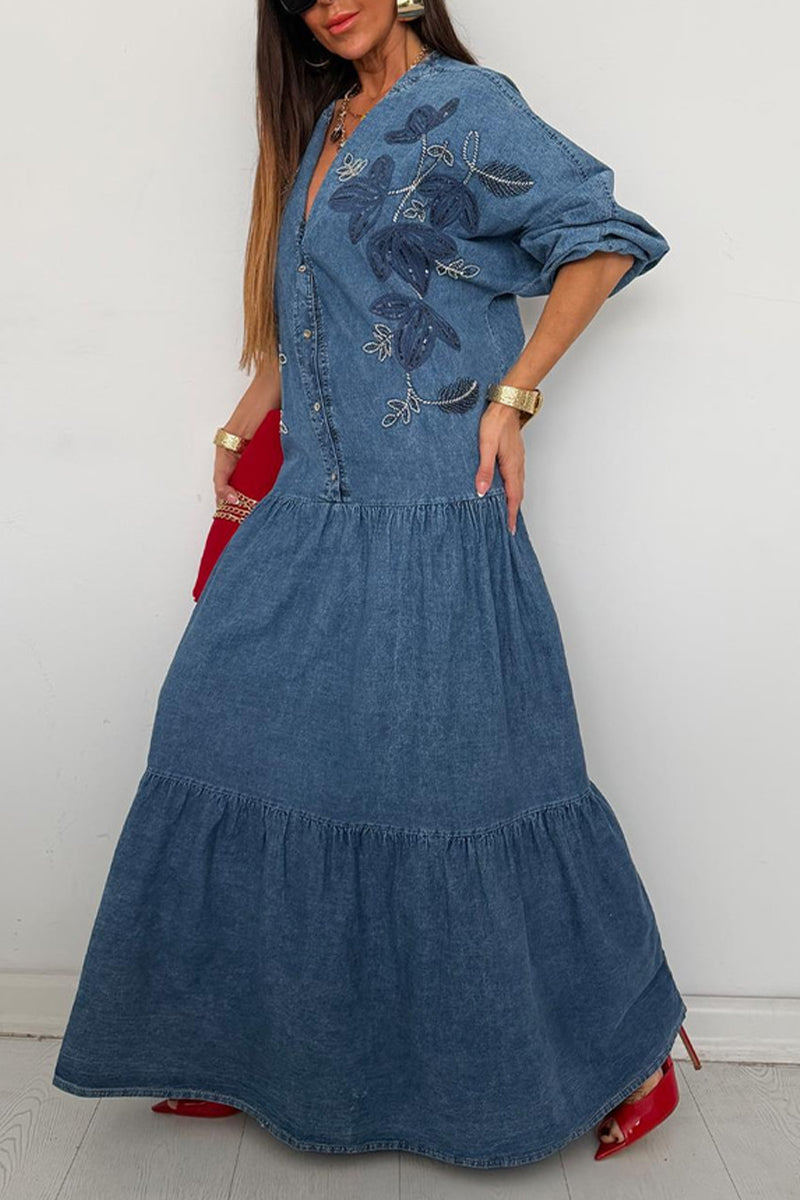 Women's V-Neck Denim Shirt Dress with Button Front & Ruffled Skirt