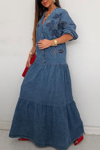 Women's V-Neck Denim Shirt Dress with Button Front & Ruffled Skirt