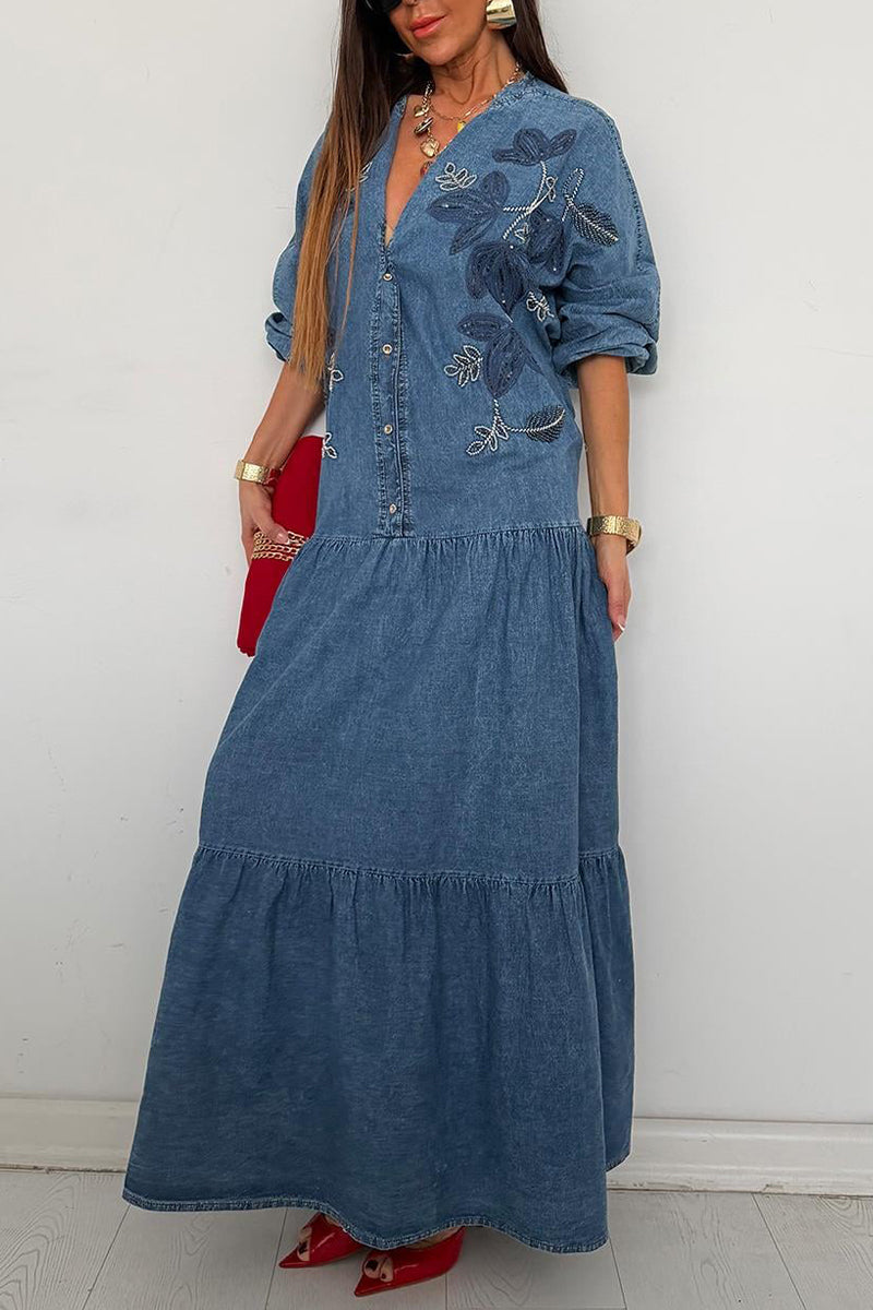 Women's V-Neck Denim Shirt Dress with Button Front & Ruffled Skirt