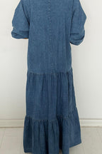 Women's V-Neck Denim Shirt Dress with Button Front & Ruffled Skirt