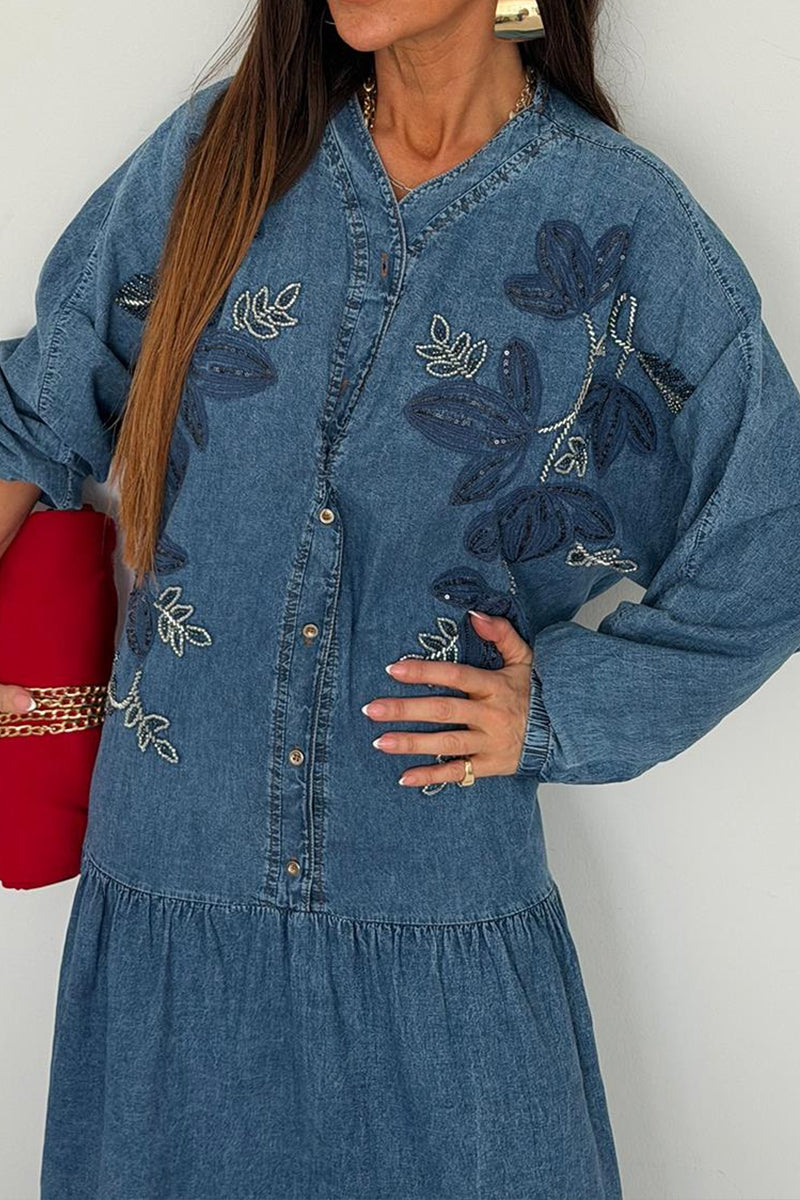 Women's V-Neck Denim Shirt Dress with Button Front & Ruffled Skirt