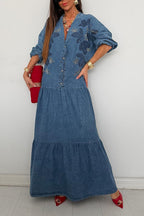 Women's V-Neck Denim Shirt Dress with Button Front & Ruffled Skirt