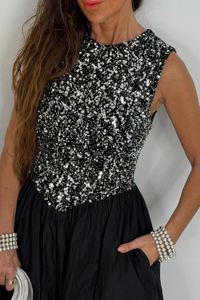 Women's Formal Evening Gown with Sparkly Sequin Top and Full Skirt