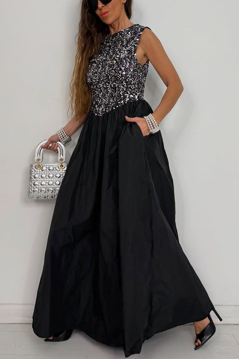Women's Formal Evening Gown with Sparkly Sequin Top and Full Skirt