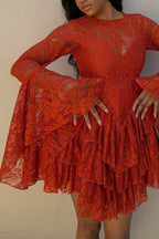 Women's Elegant Flare Sleeve Tiered Hem Lace Mini Dress