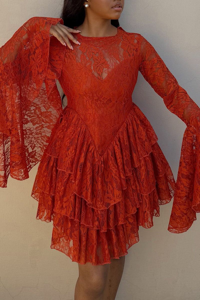 Women's Elegant Flare Sleeve Tiered Hem Lace Mini Dress