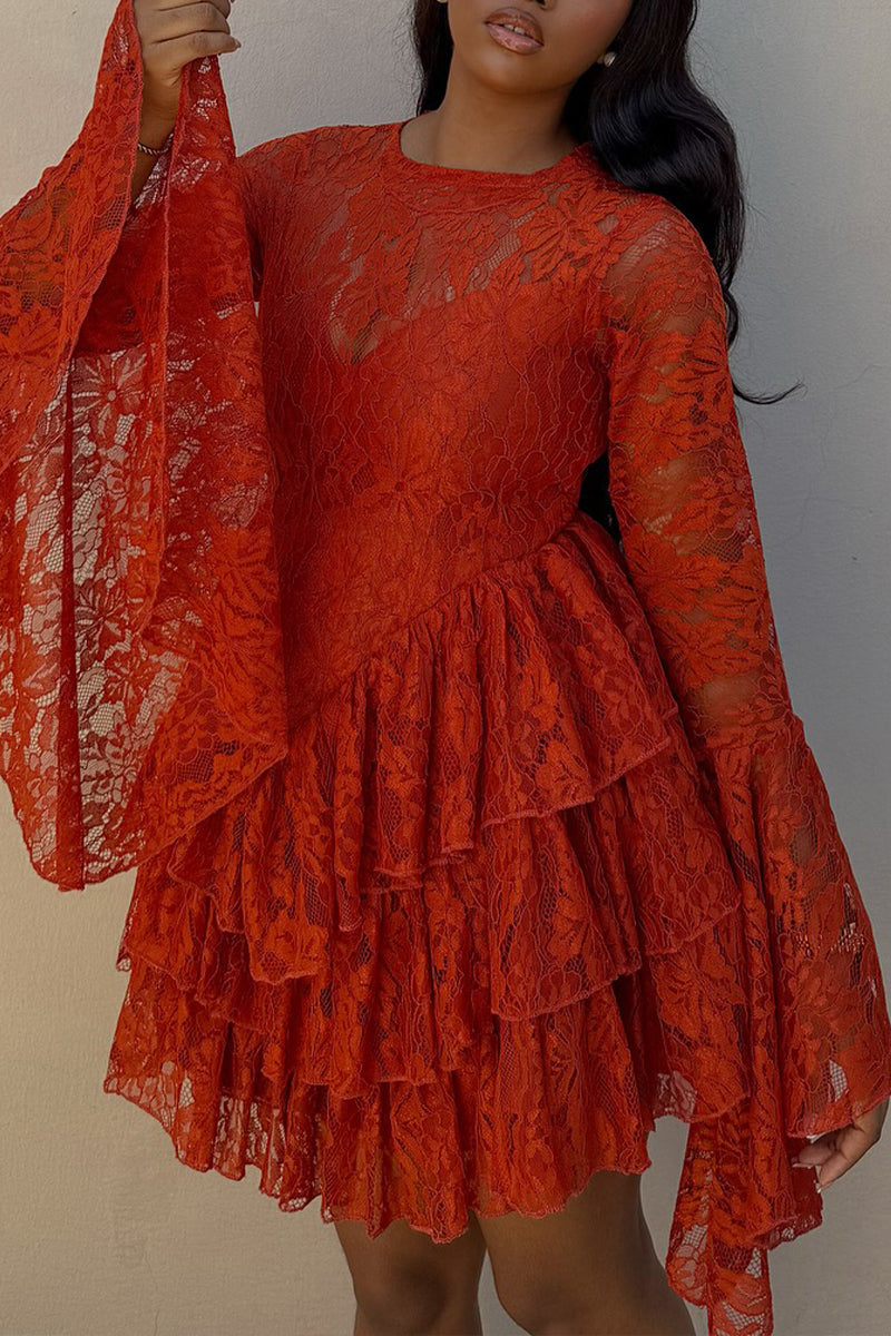 Women's Elegant Flare Sleeve Tiered Hem Lace Mini Dress