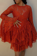Women's Elegant Flare Sleeve Tiered Hem Lace Mini Dress