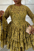 Women's Elegant Flare Sleeve Tiered Hem Lace Mini Dress