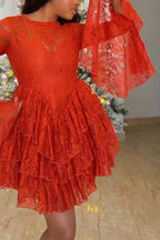 Women's Elegant Flare Sleeve Tiered Hem Lace Mini Dress