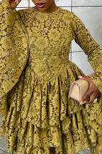 Women's Elegant Flare Sleeve Tiered Hem Lace Mini Dress