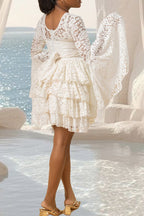 Women's Elegant Flare Sleeve Tiered Hem Lace Mini Dress