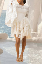 Women's Elegant Flare Sleeve Tiered Hem Lace Mini Dress