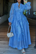 Women's Elegant Mesh Button Front Puff Sleeve Maxi Dress
