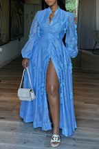 Women's Elegant Mesh Button Front Puff Sleeve Maxi Dress