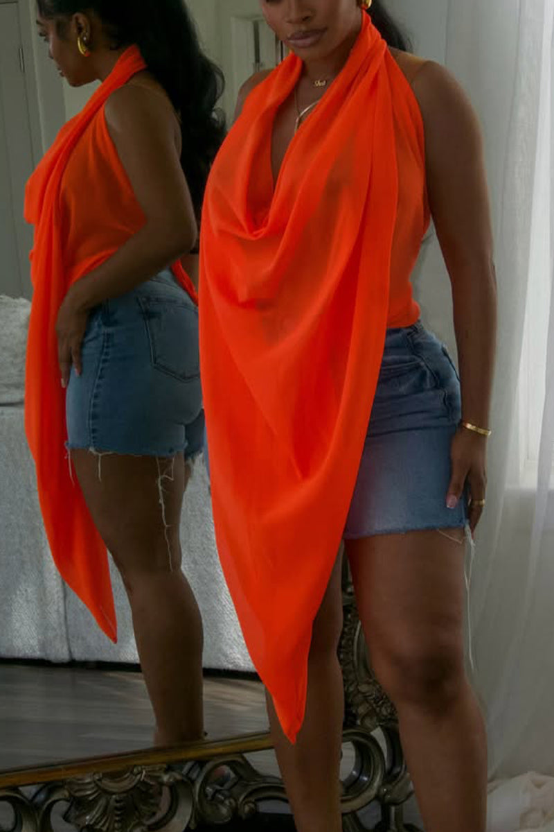 Women's Chiffon Halter Blouse with Draped Scarf Detail