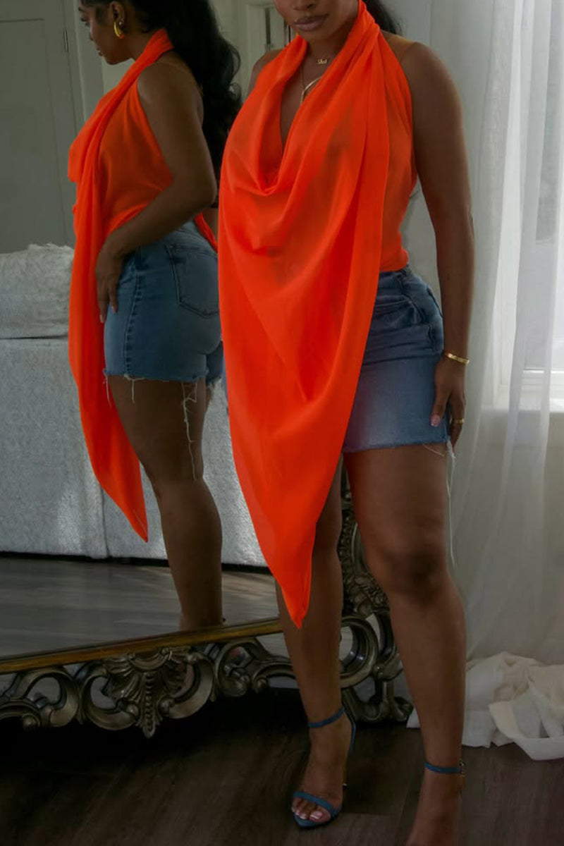 Women's Chiffon Halter Blouse with Draped Scarf Detail