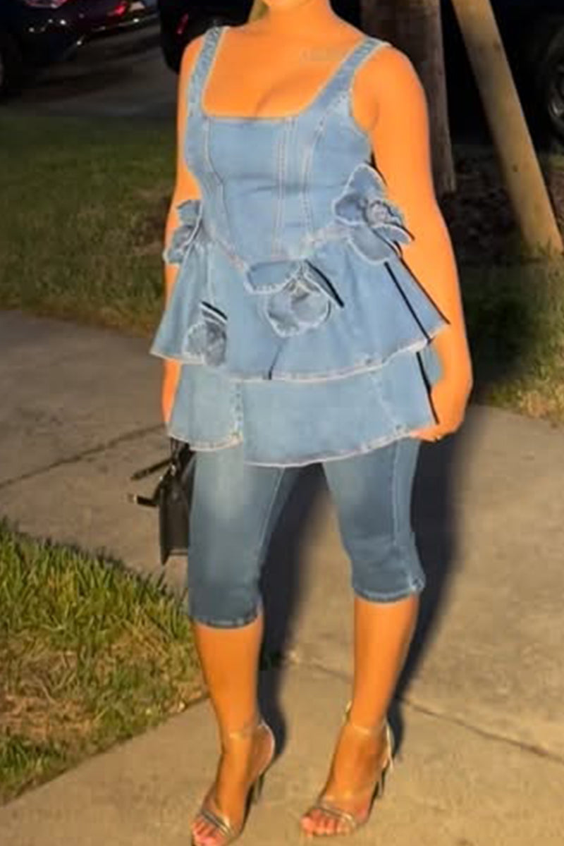 Women's Square Neck Sleeveless Denim Dress with Floral Accents