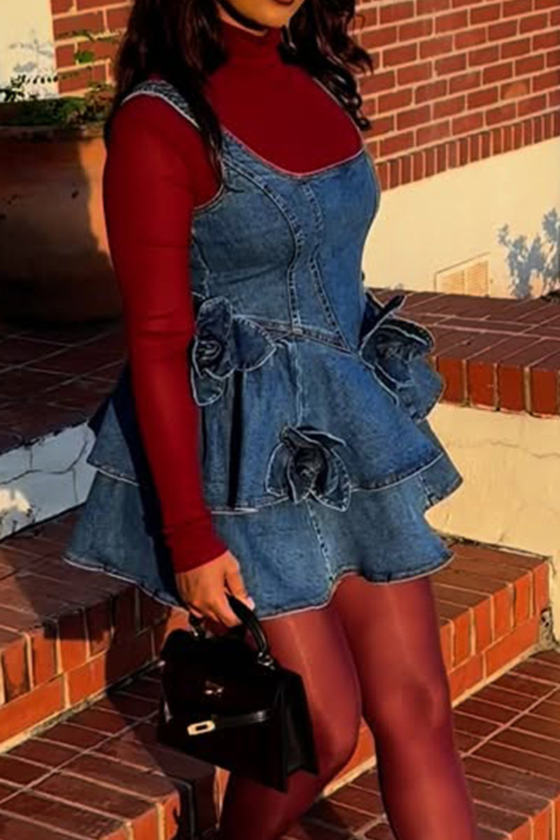 Women's Square Neck Sleeveless Denim Dress with Floral Accents