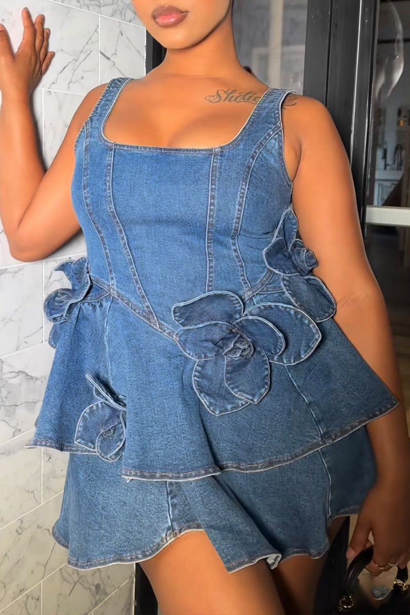 Women's Square Neck Sleeveless Denim Dress with Floral Accents