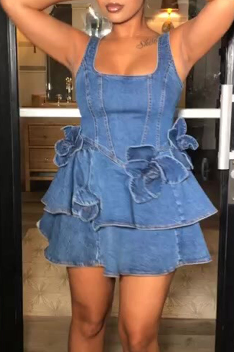 Women's Square Neck Sleeveless Denim Dress with Floral Accents
