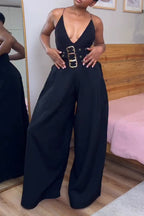 Women High Waisted Patchwork Metal Buckle Decoration Casual Wide Leg Pants