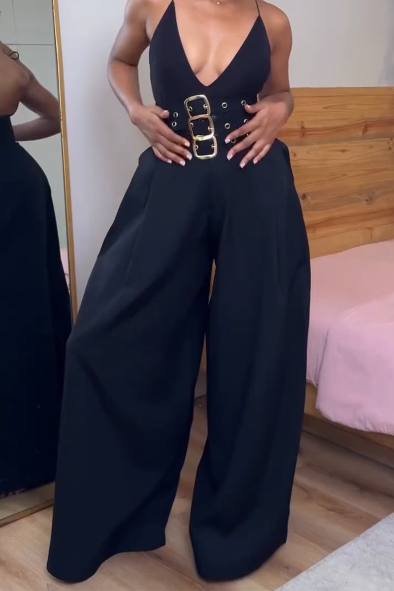 Women High Waisted Patchwork Metal Buckle Decoration Casual Wide Leg Pants