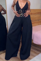 Women High Waisted Patchwork Metal Buckle Decoration Casual Wide Leg Pants