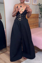 Women High Waisted Patchwork Metal Buckle Decoration Casual Wide Leg Pants