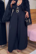 Women High Waisted Patchwork Metal Buckle Decoration Casual Wide Leg Pants