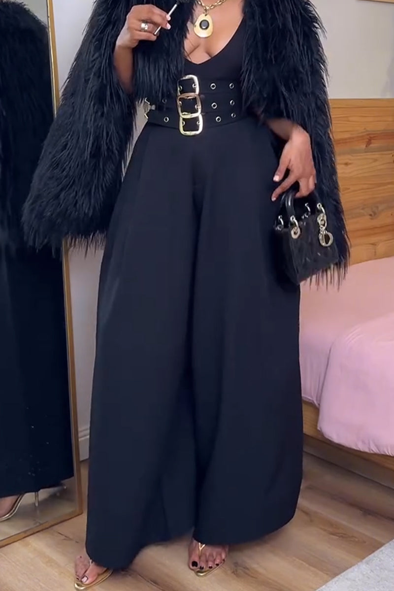 Women High Waisted Patchwork Metal Buckle Decoration Casual Wide Leg Pants