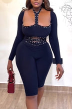 Women Neck Hanging Spliced Rivet Design Tight Casual Short Jumpsuit