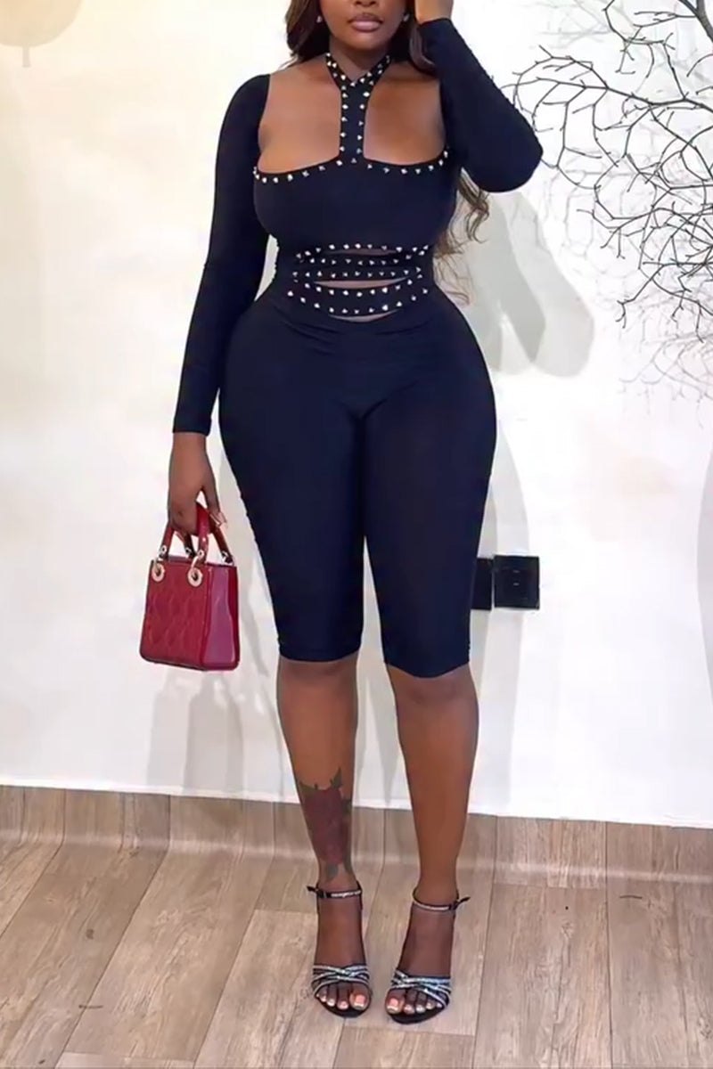 Women Neck Hanging Spliced Rivet Design Tight Casual Short Jumpsuit