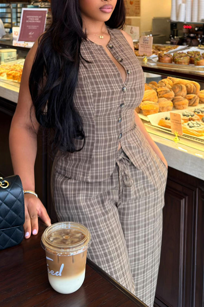 Women Round Neck Breasted Vertical Stripe Top+ Pants Casual Set with Temperament