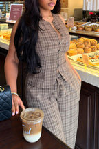 Women Round Neck Breasted Vertical Stripe Top+ Pants Casual Set with Temperament