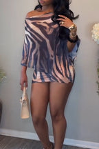 Women Diagonal Collar Printed Top + Half Skirt Elegant Casual Set
