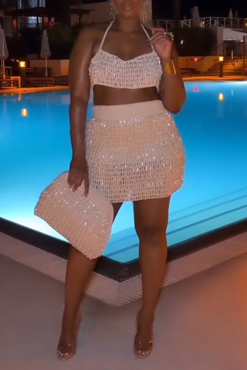 Women Neck Hanging Diamond Top + Half Skirt Vacation Casual Style Set