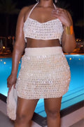 Women Neck Hanging Diamond Top + Half Skirt Vacation Casual Style Set