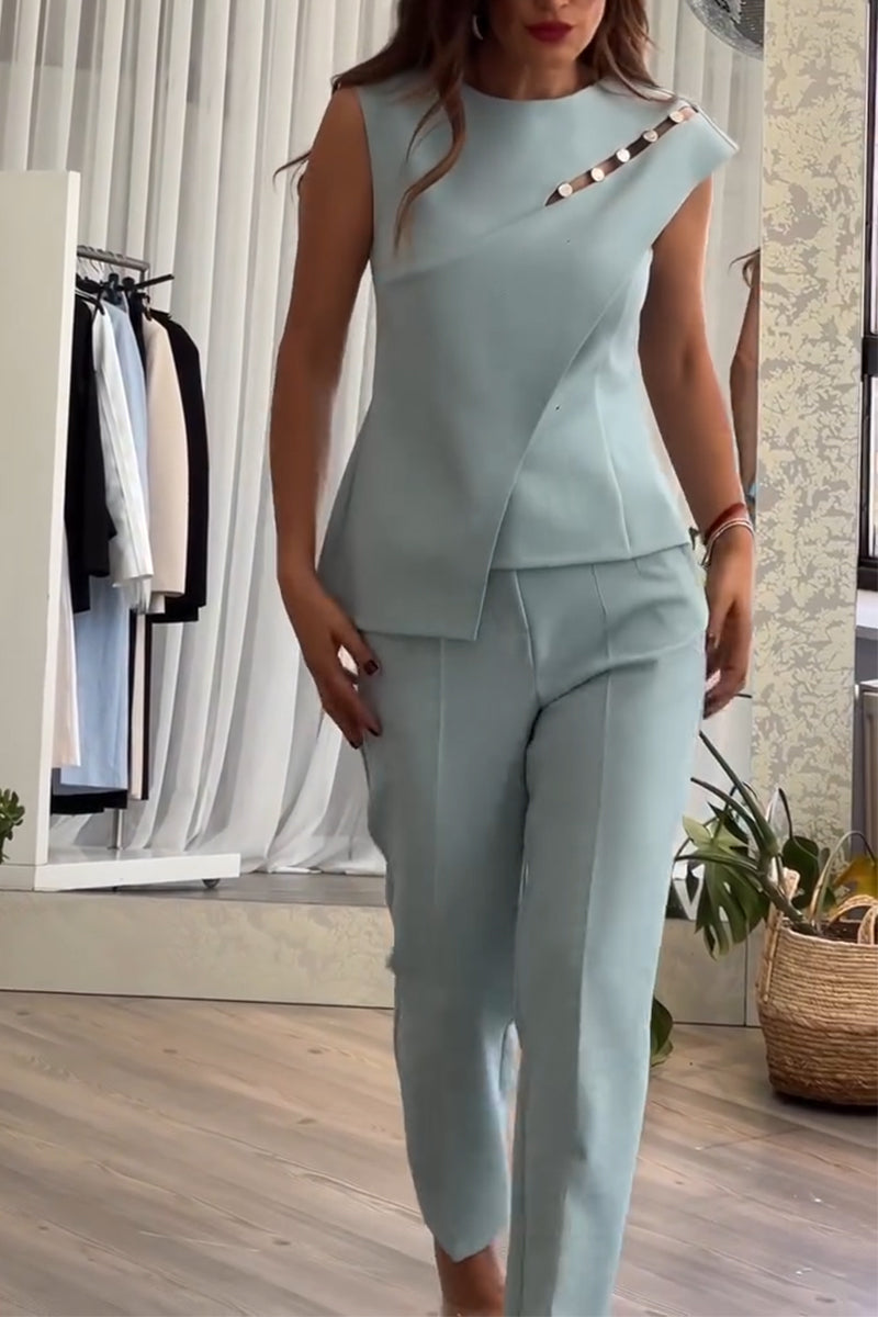 Women Round Neck Patchwork Hollow Irregular Top + Pants Casual Suit