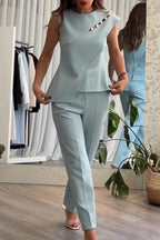 Women Round Neck Patchwork Hollow Irregular Top + Pants Casual Suit
