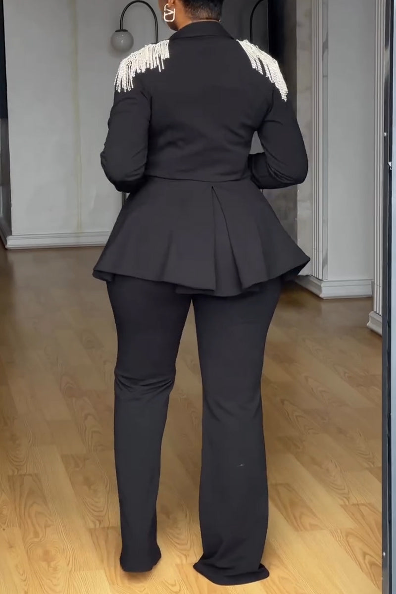 Women Collar Shoulder Tassel Patchwork Jacket + Pants Temperament Commuting Formal Suit