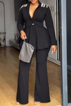Women Collar Shoulder Tassel Patchwork Jacket + Pants Temperament Commuting Formal Suit