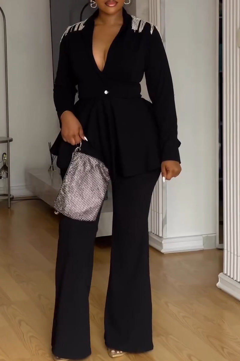 Women Collar Shoulder Tassel Patchwork Jacket + Pants Temperament Commuting Formal Suit