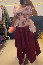 Women V-neck Printed Waist Cinched Top or Irregular Patchwork Skirt
