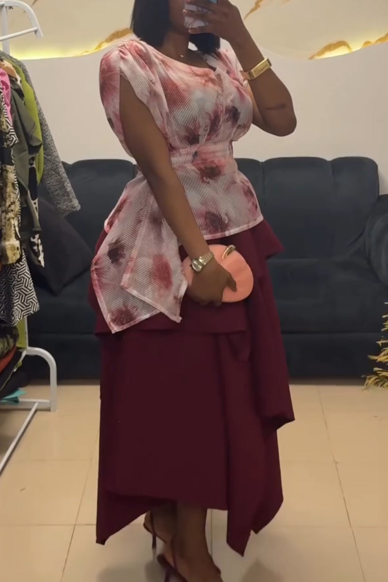 Women V-neck Printed Waist Cinched Top or Irregular Patchwork Skirt